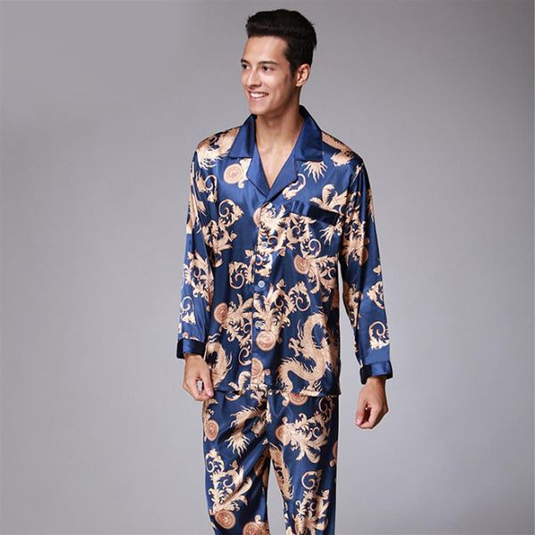 Pijama de cetim de seda masculino conjunto de pijama conjuntos de roupa de dormir roupa de dormir estampada dragão roupa de dormir casal 2 peças tops e calças grandes 304p