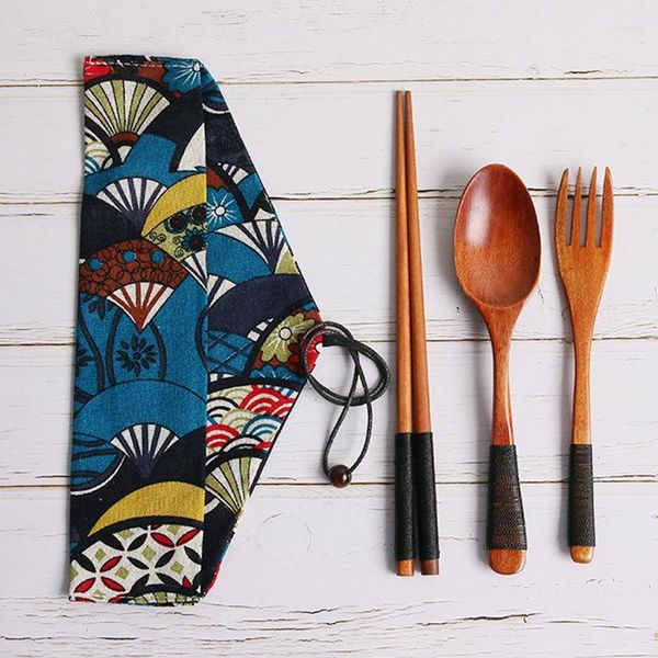 Set di stoviglie Set di bacchette cucchiaio e forchetta in stile giapponese fine Set di stoviglie in legno portatile Linea legata in tre pezzi