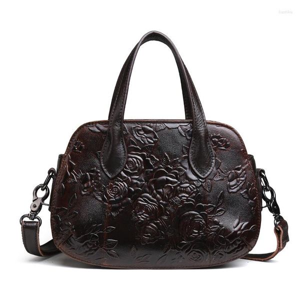 Sacos de noite Moda Mulher Feito à Mão Couro Genuíno Flor Bolsa Senhora Retro Vaca Ombro Bolsa Mensageiro Casual Feminino Menina Tote