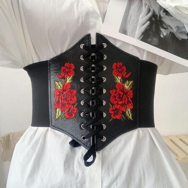 Cinture Cintura da donna Ricamo Fiori di rosa Chiusura con corda elasticizzata regolabile Accessorio per corsetto con lacci elastici in ecopelle