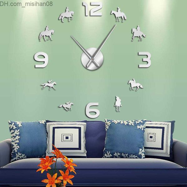 Relógios de parede Corrida de Cavalos DIY Gigante Relógio de Parede Cavalos de Corrida Montando Silhueta Decoração de Arte de Parede Sem Moldura Efeito de Espelho Relógio de Parede Presente Para Jockey X0726 Z230705