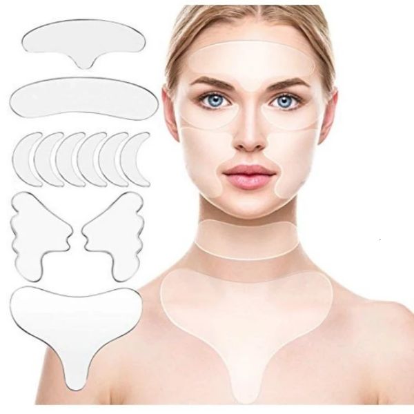 Dispositivos de cuidados faciais 11 peças almofadas de silicone reutilizáveis para o peito, almofadas para o pescoço, conjunto para a testa, decote, máscara para os olhos, bochecha, ferramentas para bastão 230704