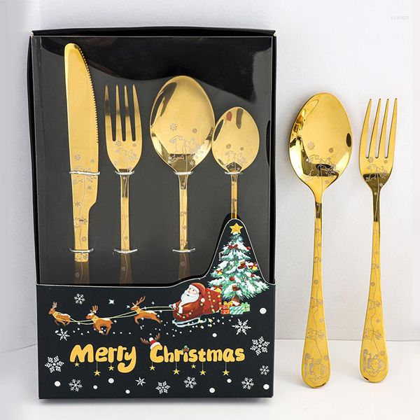 Set di stoviglie Posate in acciaio inossidabile Forchetta Cucchiaio Set di coltelli Accessori per la tavola da pranzo portatili Stoviglie natalizie europee Forchette graziose