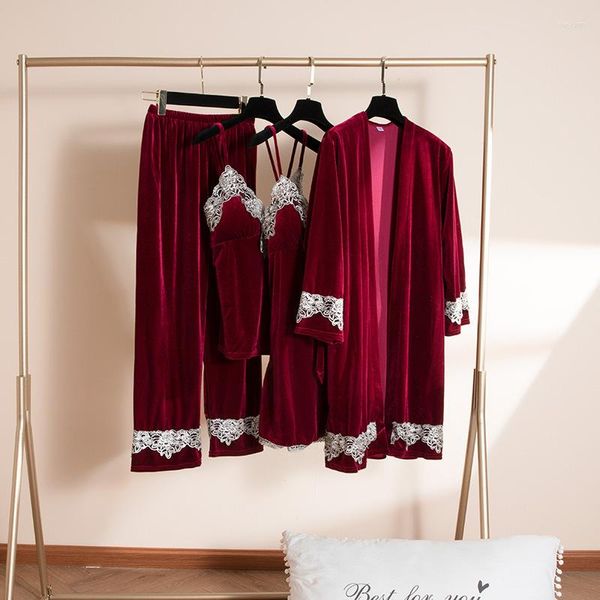 Roupa de dormir feminina Conjuntos de pijama de roupão de renda 4 peças Quimono de veludo Sexy Top de alças Camisola de noite Lounge Roupão de banho vestido com cinto