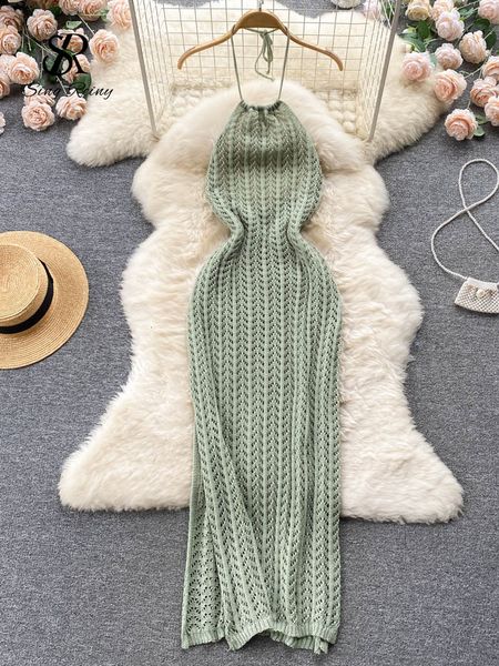 Grundlegende Freizeitkleider SINGREINY Sexy rückenfreies gestricktes Kleid mit Neckholder, ärmellos, aushöhlen, geteiltes Sommerkleid, koreanischer Urlaub, gestrickt, Strand, lang, 230705