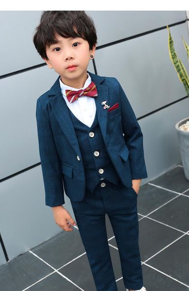 gonna Blazer per bambini Completo Abiti per bambini di buona qualità Plaid Ragazzi scolastici Set Abiti per fiori da sposa Cappotto blu / viola Gilet Pantaloni Camicie