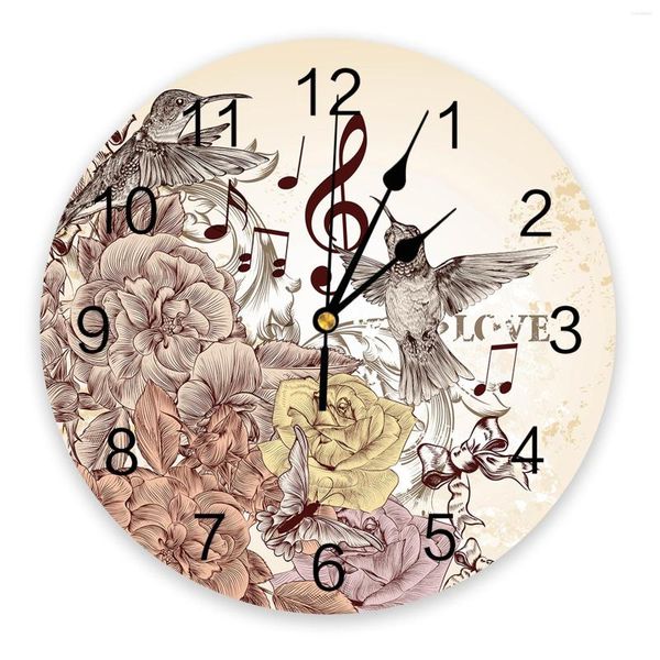 Orologi da parete Colibrì giallo Nota musicale Fiocco di fiori Grande orologio da pranzo Ristorante Cafe Decor Decorazione domestica rotonda