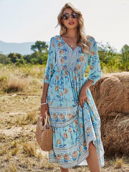 Abiti da festa Womens Floral Vintage Boho Abito lungo Stampa scollo a V Mezza manica Elegante Bohemian Vestidos Plus Size 2023 S-XL