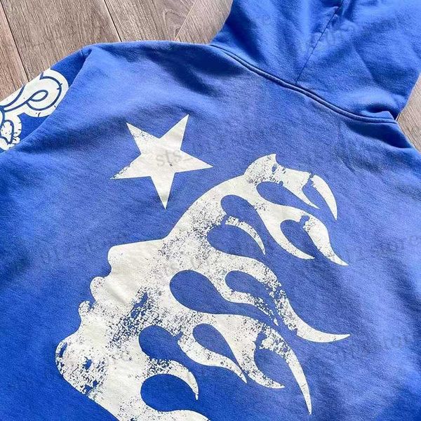 Мужские толстовки с капюшоном Blue Hellstar Hoodie Flame Letter Print HELLSTAR High Street Hip Hop Высокое качество Мужчины Женщины Толстовки Спортивная одежда Настоящее фото T230921