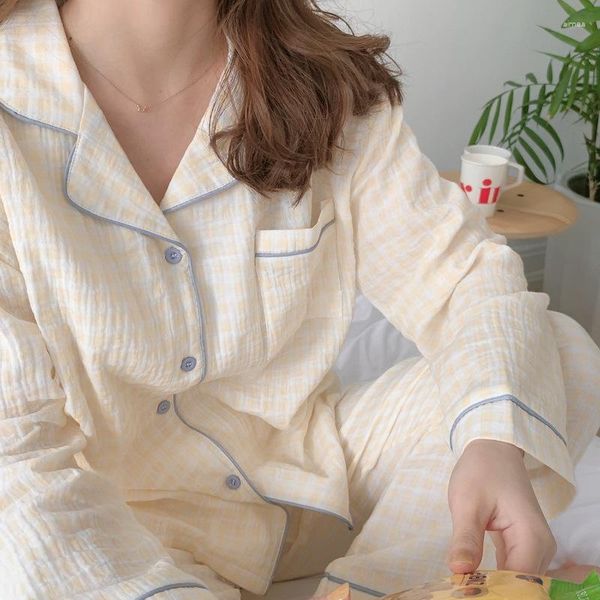Damennachtwäsche 2023 Frühling Baumwolle Plaid Pyjamas Langarm Hosen Set Home Kleidung Frauen