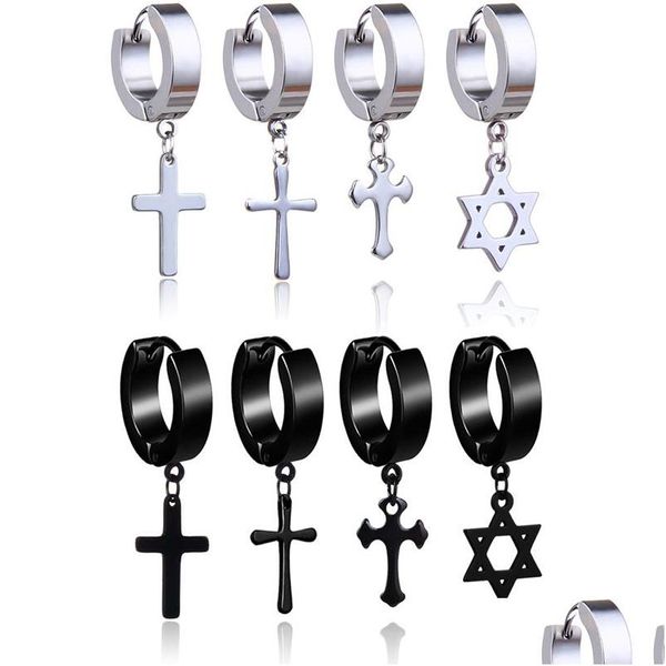 Ciondola il lampadario in acciaio inossidabile ipoallergenico croce stella orecchini uomini punk falso piercing clip su cerchio per gioielli moda donna Dhgz8