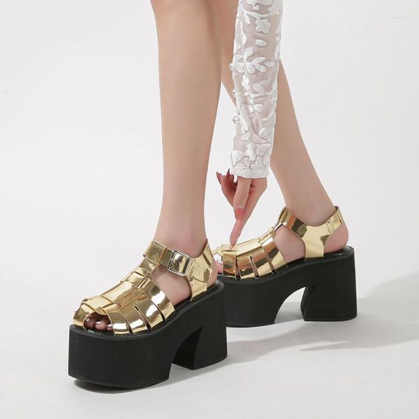 Sapatos sociais plataforma para mulheres ocas moda dedo do pé fechado sandálias romanas fivela cinta mula salto bloco confortável sandália de salto alto