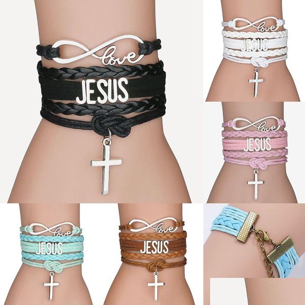 Очарование браслетов модные кросс -плетеная кожаная веревка для женщин Религиозное Иисус Любовь Бесконечные шрифты ручной работы