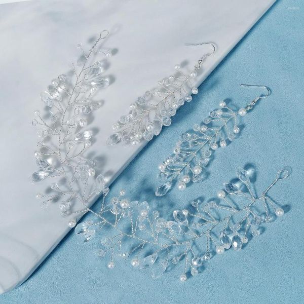 Collana Orecchini Set Efily Matrimonio fatto a mano Copricapo da sposa Filo di rame Perline di cristallo Perle Copricapo per ragazze Accessori per capelli con orecchini lunghi