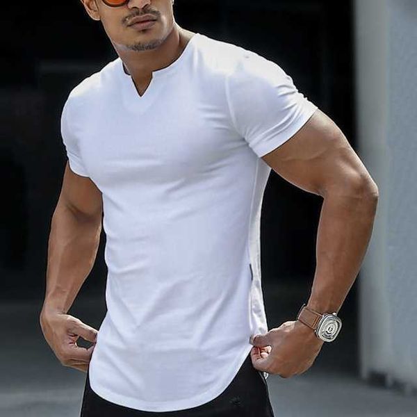 Camiseta masculina T Simples Decote em V Street Casual Manga Curta Vestuário Moda Clássico Conforto Grande e Alto