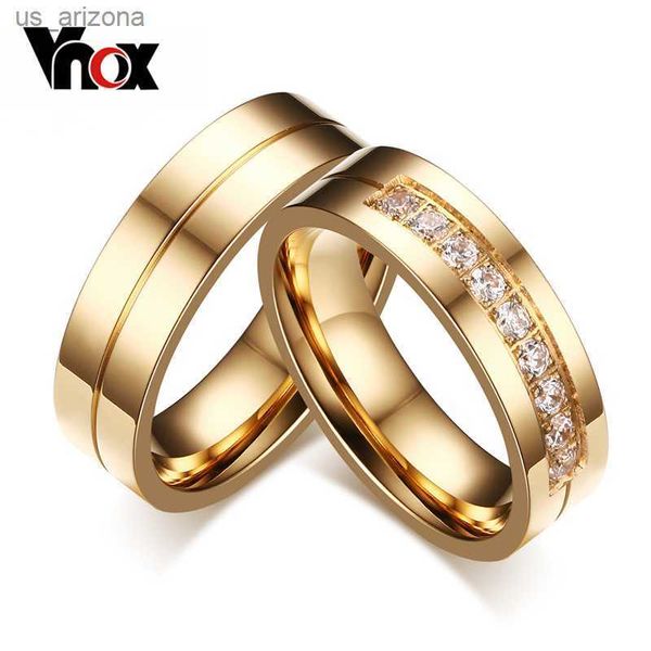 Vnox Trendy Wedding Bands Rings for Women / Men Love Gift Gold-color Gold Steel CZ Promise Couple Jewelry L230620