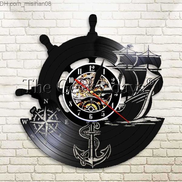 Orologi da parete 1Piece Anchor Ship Naval Compass Orologio da parete personalizzato Marinai Wall Art Music Record Orologio regalo per i viaggiatori Z230705