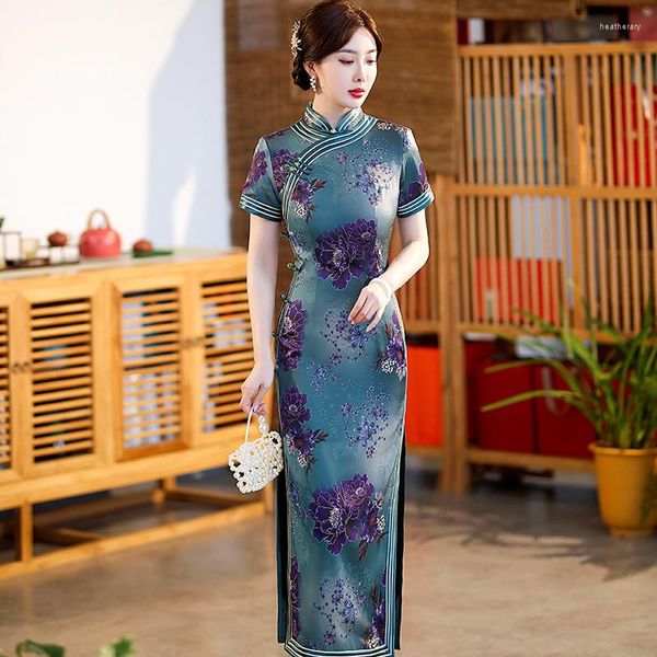 Ethnische Kleidung Übergroße Frauen Drucken Blume Cheongsam Chinesische Damen Party Kleid Schlank Sexy Satin Mädchen Tägliche Kleider Vintage Qipao Vestidos