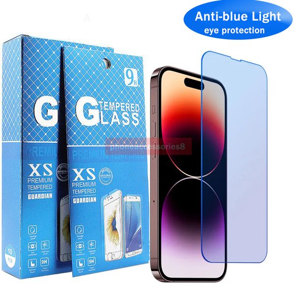 2,5D Anti-Blue Ray Handy-Displayschutz aus gehärtetem Glas für iPhone 15 14 13 12 11 Pro Max XR XS MAX 6 7 8 Augenschutzglas in Papiertütenverpackung