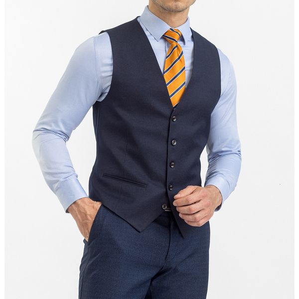 Coletes Masculinos Azul Marinho para Homens Cor Sólida Trajes Masculinos de Algodão Sem Mangas Top Casual Colete de Casamento Slim Fit 230705