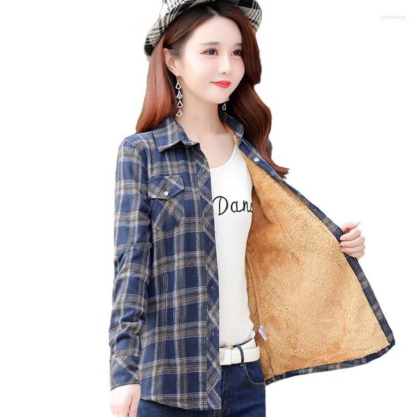 Damenblusen 2023 Frauen Winter Warm Flanell Plaid Langarm Umlegekragen Tasche Samthemden M-5XL Blusas Femininas Chemise