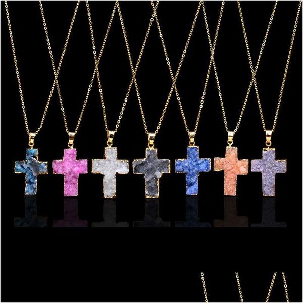 Anhänger Halsketten Naturstein Kreuz Halskette Kristall Heilung Punkt Chakra Edelstein Druzy Kruzifix Charm Kette Für Frauen Mode Je Dhefx