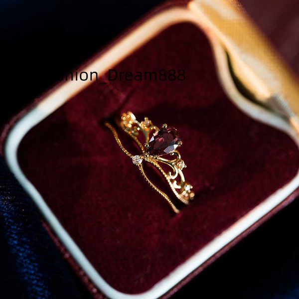 Delicado anel de noivado ajustável em prata esterlina 925 com pedra preciosa rubi vermelho ouro 18 quilates coroa rainha
