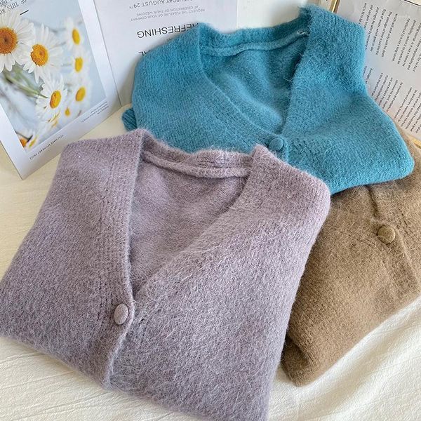 Kadın Sweaters 2023 Sonbahar Kış Peluş Peluş Düşük Boyuncu Tek Kelimyeli Üst Gevşek ve İnce Düz Renk Uzun Kollu Sweater