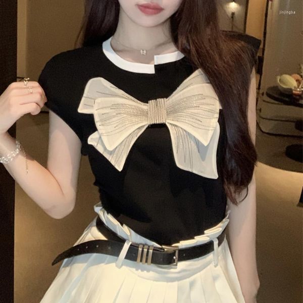 T-shirt da donna Vintage Contrast Colour Bow Stitching Sweet T-shirt a maniche corte Donna 2023 Summer Korean O-Collo Casual All-match Crop Tops