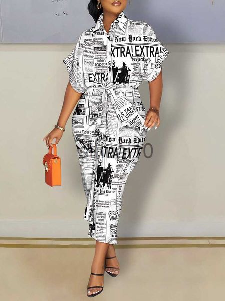 Freizeitkleider Mode Büro Zeitungsdruck Schlanke Lange Kleider Für Frauen Elegantes Umlegekragen-Schnürkleid Sommer Kurzarm-Hemdkleid J230705