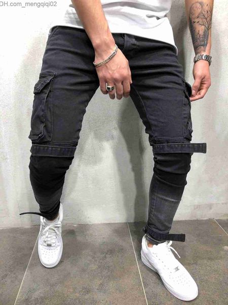 Jeans Masculino Mens Black Denim Slim Fit Jeans Masculino Skinny Pencil Pants Casual Cargo Pants Calças com Bolsos Alças Frete Grátis Z230707