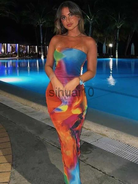 Casual Dresses ONKOGENE Off Schulter Langes Kleid Frauen Backless Print Kleid Ärmellose Tüll Print Maxi Weibliche Kleider Vestidos Mujer J230705