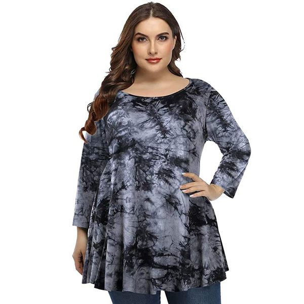 Damen Plus Size T-Shirt 4XL 5XL Top Frühling Herbst O-Ausschnitt Langarm Tie Dye Print Retro Vintage Bluse Loose Big 230705