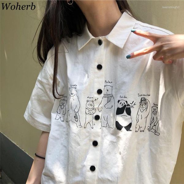 Kadın bluzları wohherb 2023 beyaz bluz kadın gevşek Japon tarzı karikatür hayvan baskı kawaii gömlek kızlar sevimli kısa kollu blusas yaz