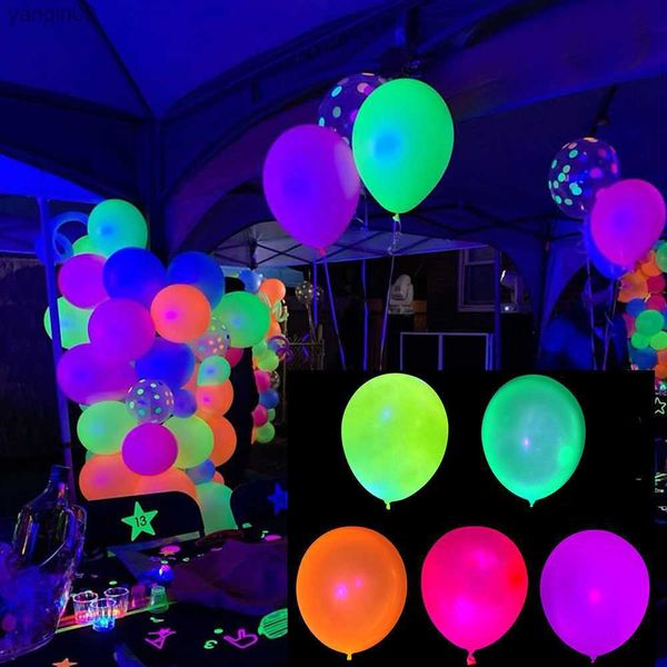 5pcs 12 polegadas UV Neon Glow Látex Balões Feliz Aniversário Fluorescente Luminoso Balões de Hélio Luz Negra Brilho de Luz Suprimentos para Festas L230626