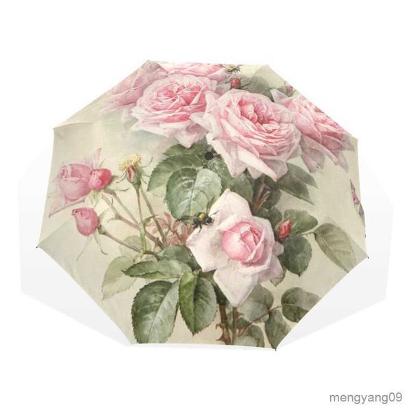 Ombrelli Vintage Shabby Stampa floreale Donna Ombrello da pioggia Chic Pink Rose Pieghevole Ragazza Ombrello portatile durevole Parapluie automatico R230705
