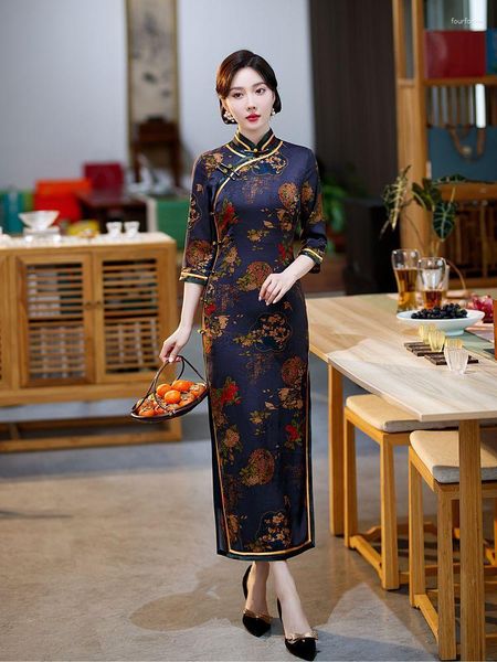 Roupas étnicas Spring elegante sete pontos Manga impressa Cetina Long Qipao mandarim colar Cheongsam Mulheres chinesas vestidos