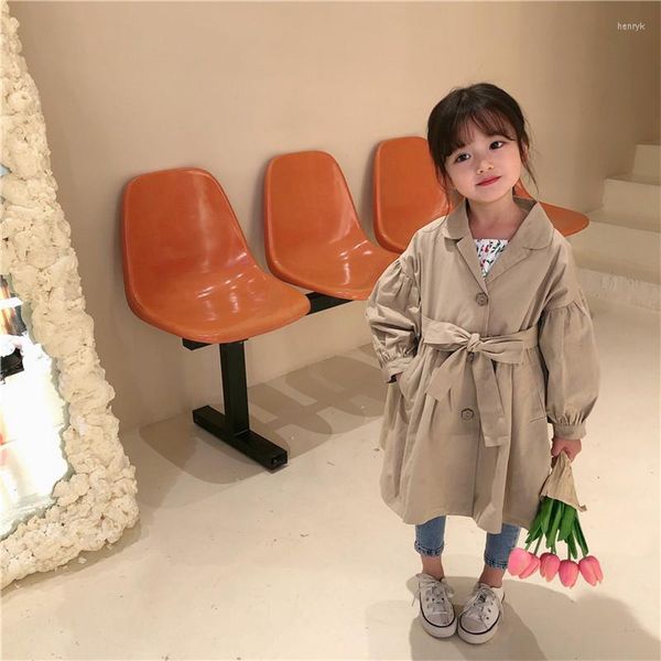 Cappotto 2023 Primavera Autunno Inghilterra Stile Bambino Ragazze Lungo Cachi Giacca A Vento Manicotto Della Lanterna Cintura Allentata Trench 1-8Y