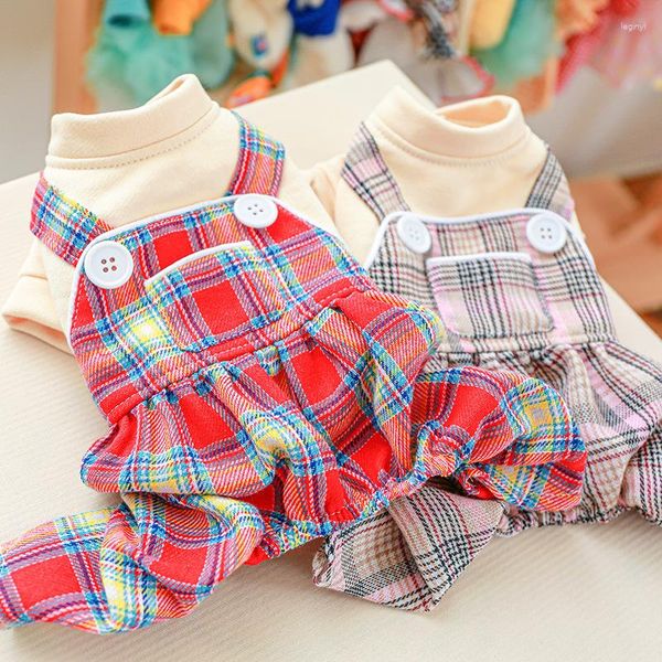 Roupas para cães roupas de primavera para cães pequenos xadrez vermelho unissex médio chihuahua york macacão quatro pernas manga curta grosso animal de estimação gato terno