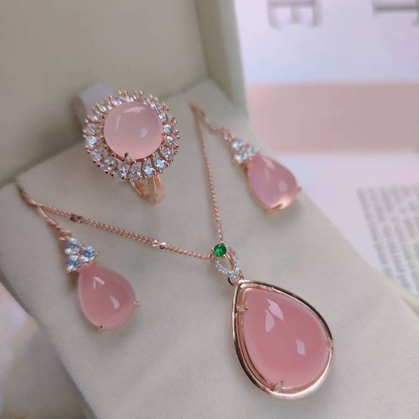 Luxo cristal incrustado natural rosa verde calcedônia colar pingente de anel conjunto de brincos conjunto de joias de 3 peças