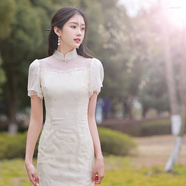 Etnik Giyim Şeffaf Geliştirilmiş Cheongsam Nakış Gevşek Kollu Seksi Vintage Elbise İnce Düğün Kostümleri Qipao S ila xxl