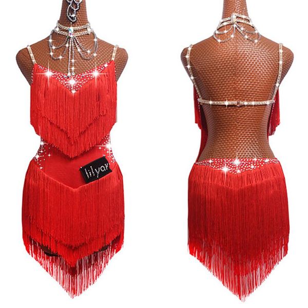 Sparkly Strass Latin Dance Kleider Für Frauen S-L Rot Sexy Salsa Fransen Rock Abendkleid Ballsaal Wettbewerb Kleidung263Y