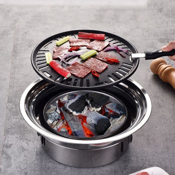 Churrasqueiras para uso doméstico em aço inoxidável coreano forno a carvão redondo antiaderente para acampamento ao ar livre fogão portátil 230704