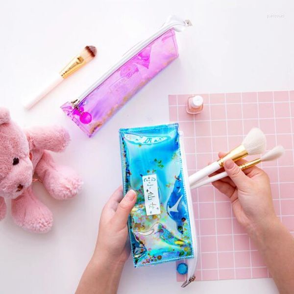 Estojo para Caneta com Zíper Transparente Kawaii Criativo Lápis de Grande Capacidade Saco de Artigos de Papelaria Bolsa Simples e Fresca