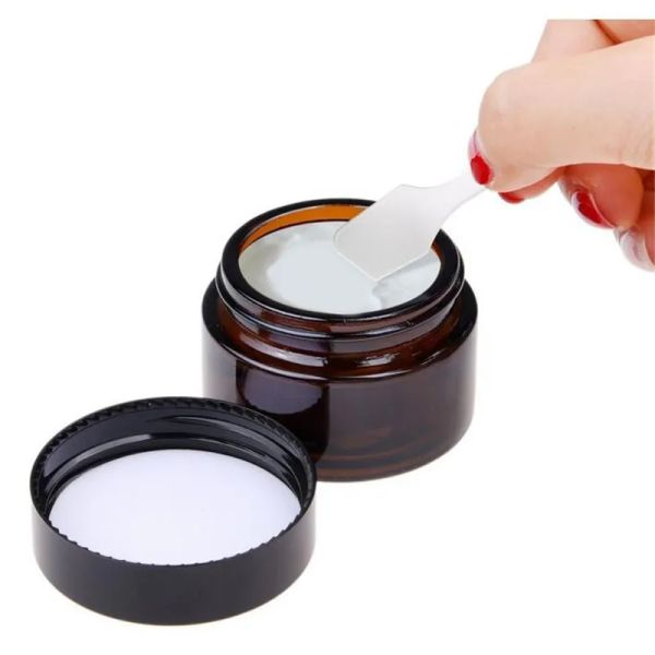 Frascos simples de frasco de vidro âmbar para creme, recipiente de amostras cosméticas, pote recarregável com forros internos e tampas pretas