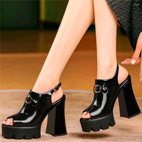 Sapatos sociais Sandálias Punk Goth Couro Genuíno Sapato Aberto Salto Alto Sapatos de Plataforma Verão Ankle Boots Sapato Casual