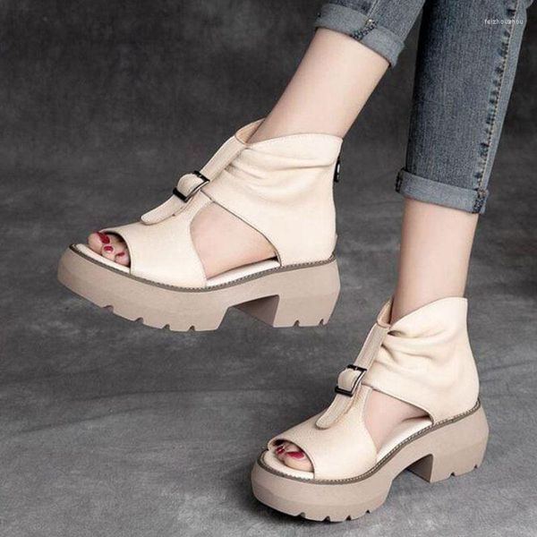 Kadın Kama Sandalet 4781 Topuk Orijinal Deri Peep Toe Yaz Moda Kadın Gladyatör Platform Ayakkabı Kadın