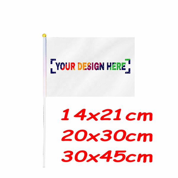 Bandeiras de banner ZXZ 50Pcs Bandeira de mão personalizada 14X21cm Bandeira de agitação de mão Impressão Empresa do comprador ou bandeira de eleição de design com mastro de plástico 230704