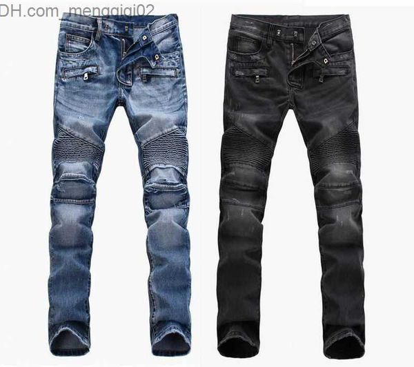 Мужские джинсы мода мужская внешняя торговля. Голубые черные джинсовые брюки мотоциклевые байкеры, мытье, чтобы сделать старые брюки для мужчин. Повседневная джинсовая ткань Z23071111111111111111