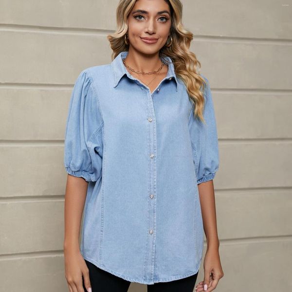 Blusas Femininas Estilo Europeu Verão Jean Mulher Camisa Manga Curta Blusa Denim Casual Top Feminino